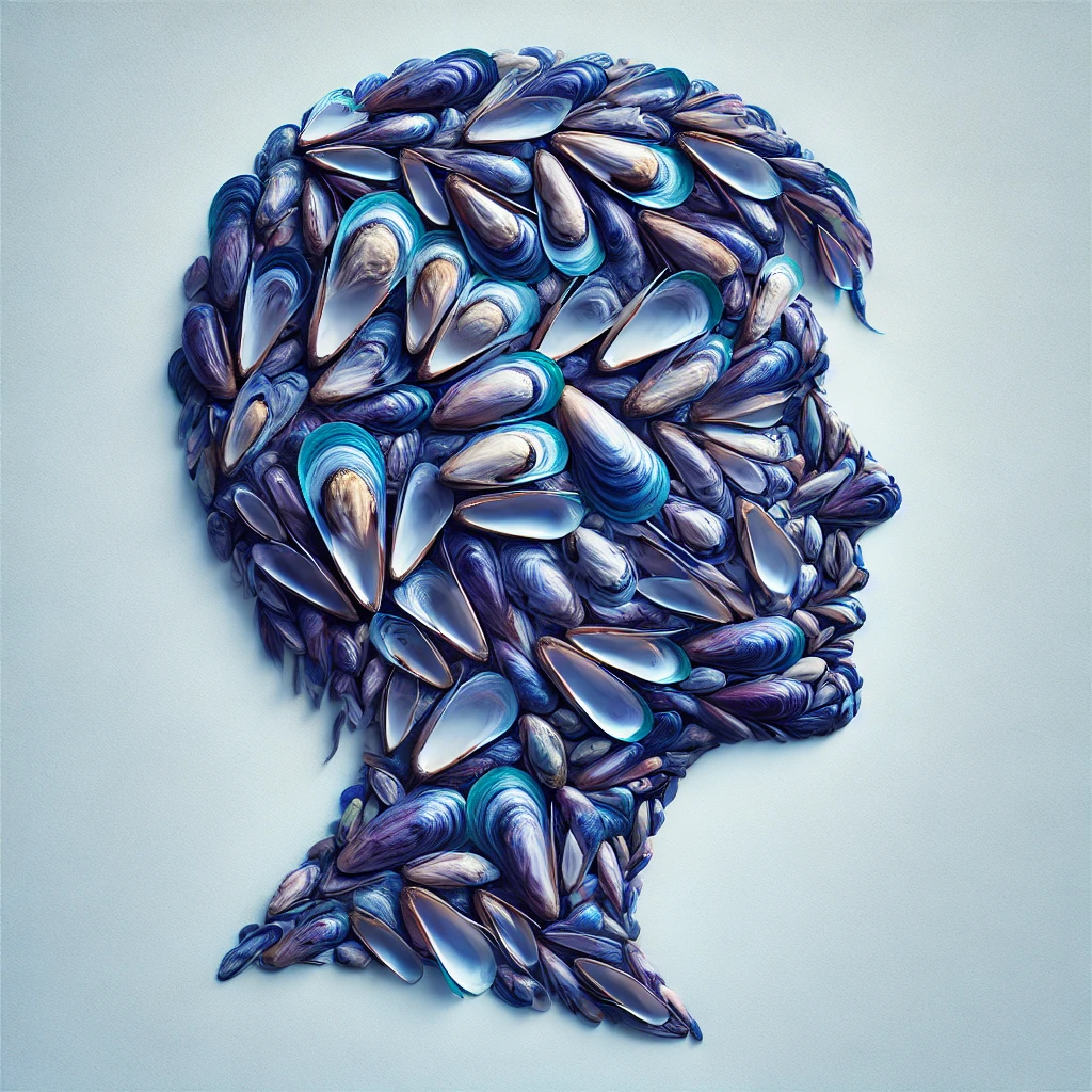 A siluett of a person made out of mussels